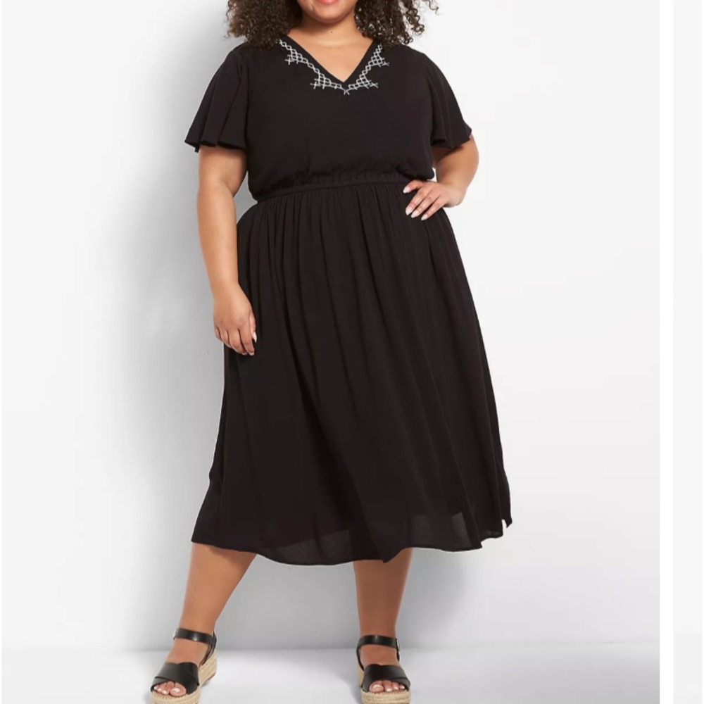 Flutter-Sleeve V-Neck Embroidered Midi Dress